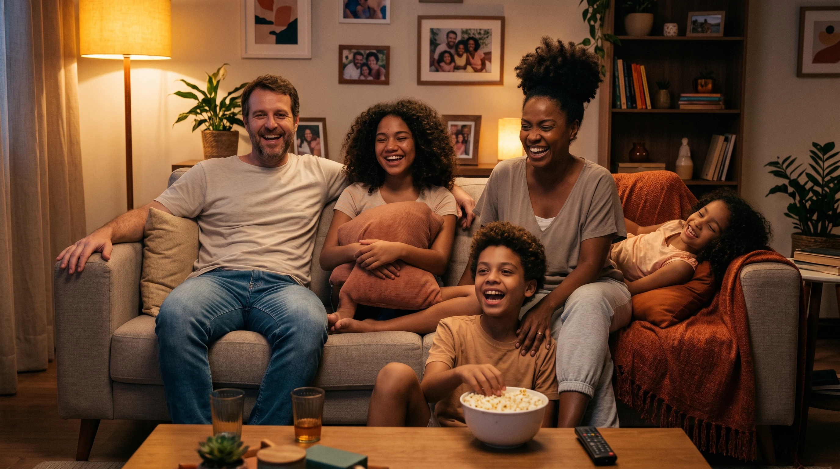 Família reunida no sofá para assistir à televisão